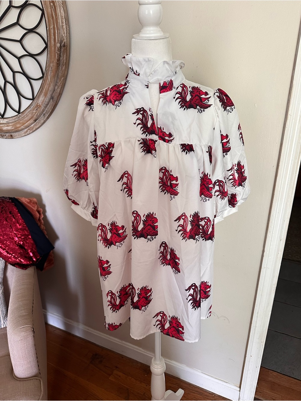 White Ruffled Collar Tunic with South Carolina Gamecocks print